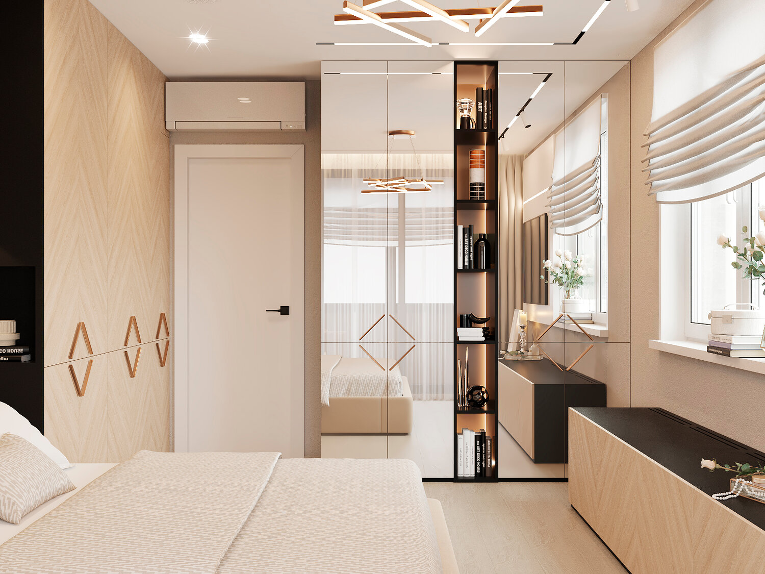 дизайн интерьера спальни, интерьер однокомнатной квартиры, спальня интерьер, зонирование спальни, однокомнатная квартира 41 кв.м интерьер