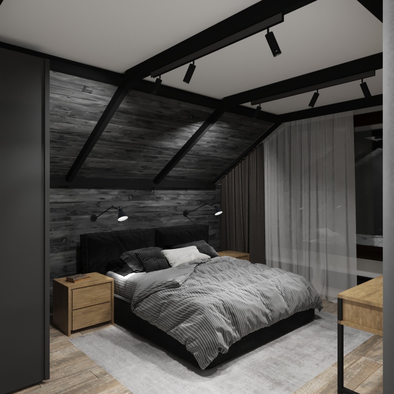 интерьер спальной, интерьер мансарды, спальни в стиле лофт, спальня в мансарде, интерьер спальни в стиле лофт