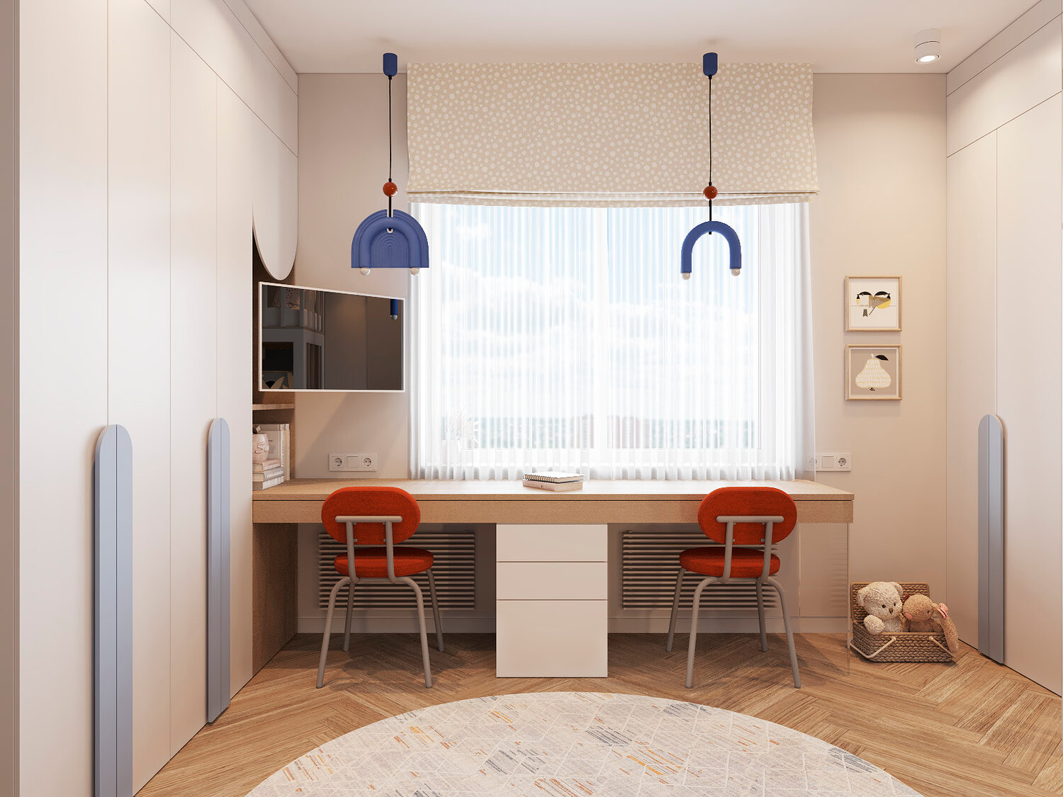детская стол у окна, стол у окна, интерьер детской, узкие детские комнаты для двоих, дизайн детской