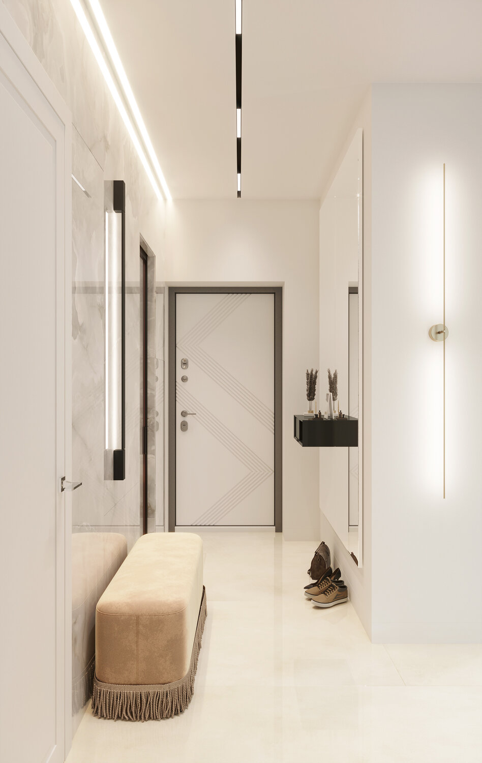 современный дизайн прихожей, узкая прихожая дизайн, дизайн коридора, современный дизайн коридора, интерьер узкой прихожей