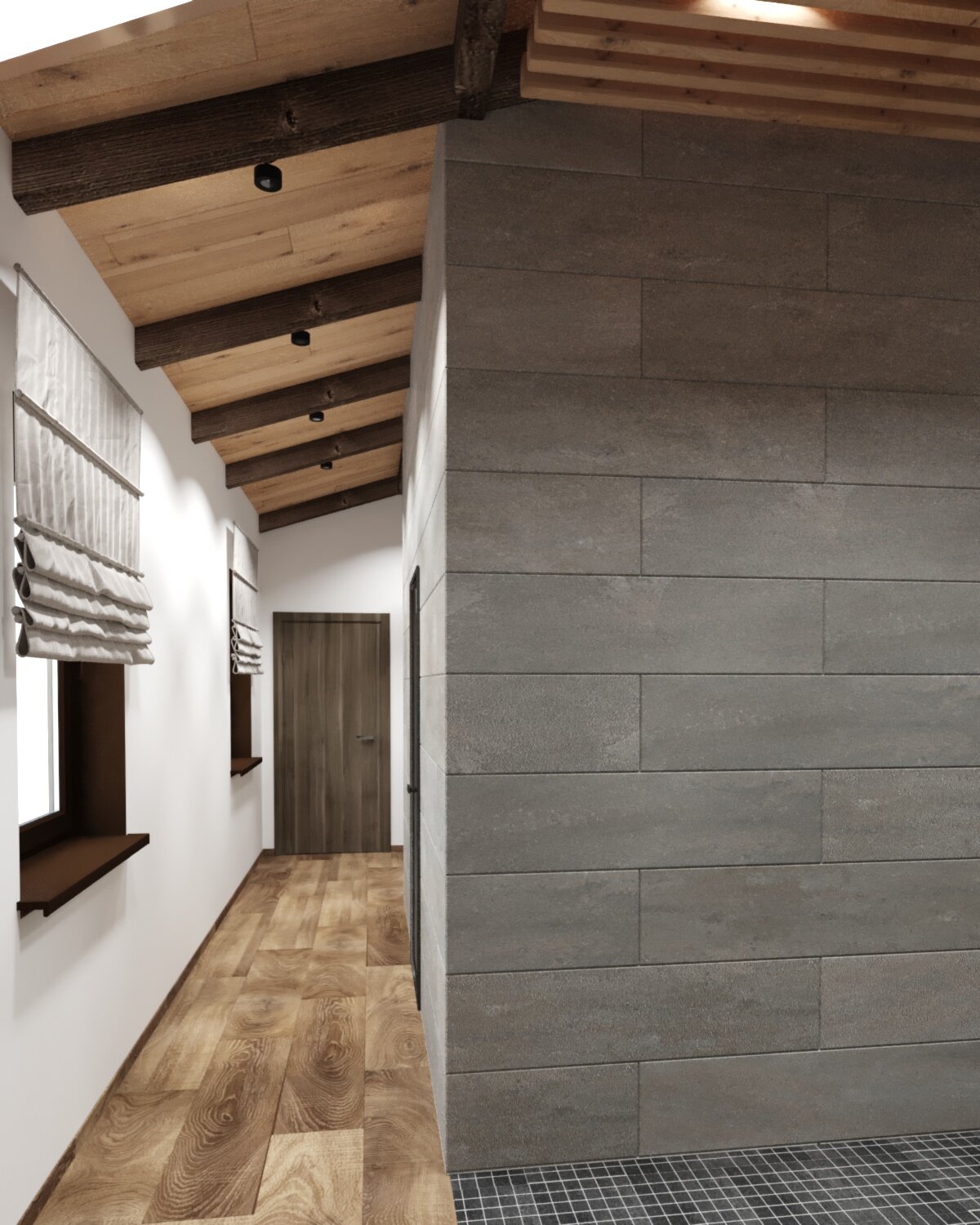 дом индустриал в стиле лофт, интерьер в стиле лофт в загородном доме, дизайн коридора в стиле лофт, стиль лофт в интерьере загородного дома, интерьер прихожей в стиле лофт