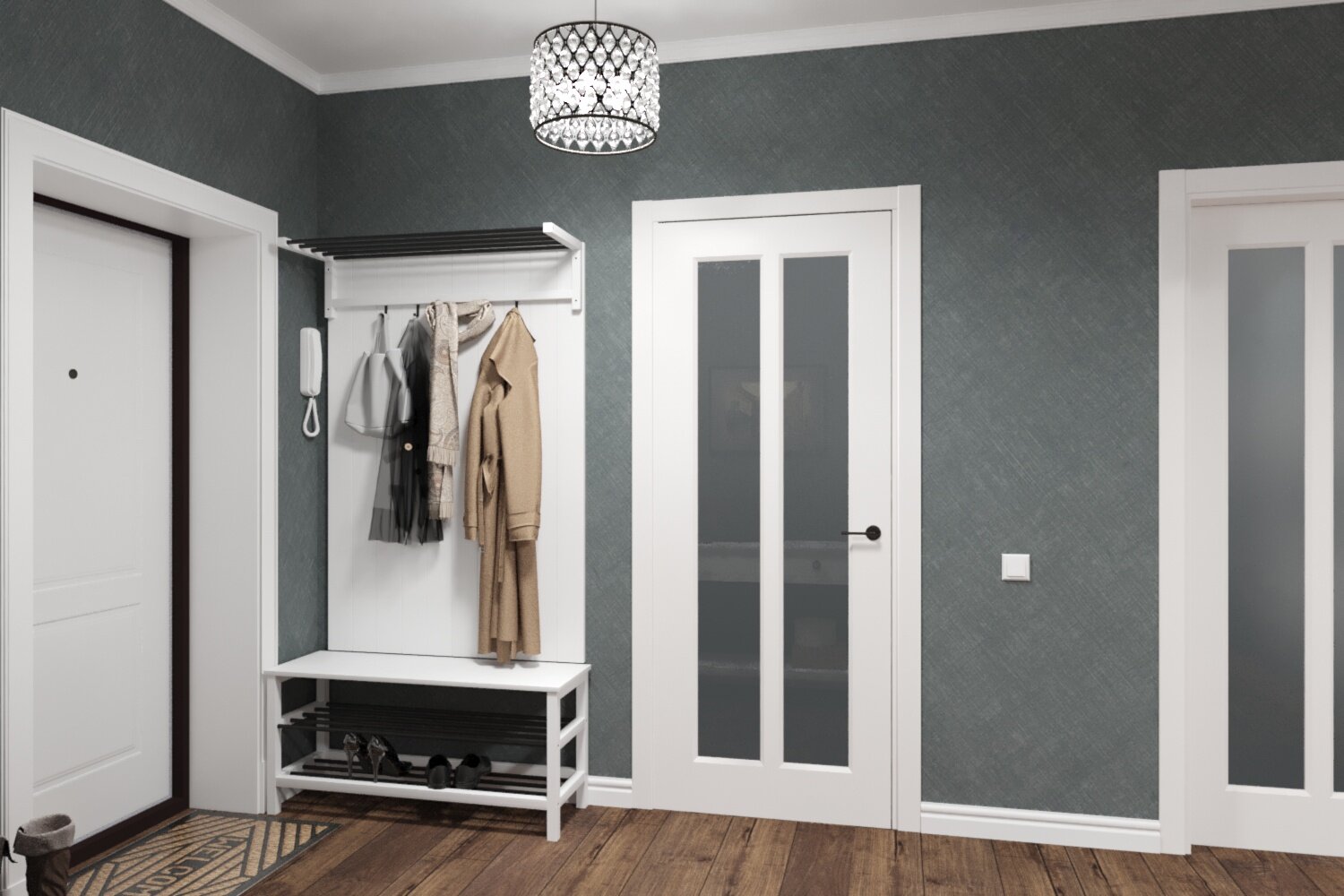 интерьер прихожей, прихожая в скандинавском стиле, интерьер прихожая, квадратная прихожая, серая прихожая сканди