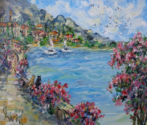 дольче вита морской пейзаж на берегу средиземноморья котики яхты цветущее дерево домики арка 70х60.JPG
