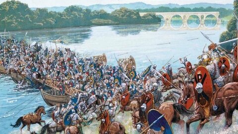 Битва на Мульвийском Мосту, справа можно заметить армию Константина, на щитах которых изображена "Хризма".