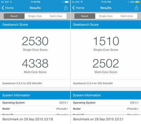 Слева — обычный тест производительности iPhone 6s, справа — с включенным режимом энергосбережения