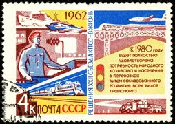Ukraine - circa 2018: A postage stamp printed in USSR show propaganda poster Transport and statistics. Forecast until 1980. Seri