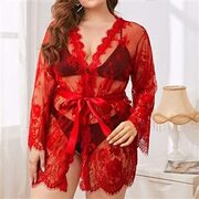 Plus Size Charming See-through Floral Lace Thin Open Robe Nightgown Bathrobe with Sash N22174-Babydo