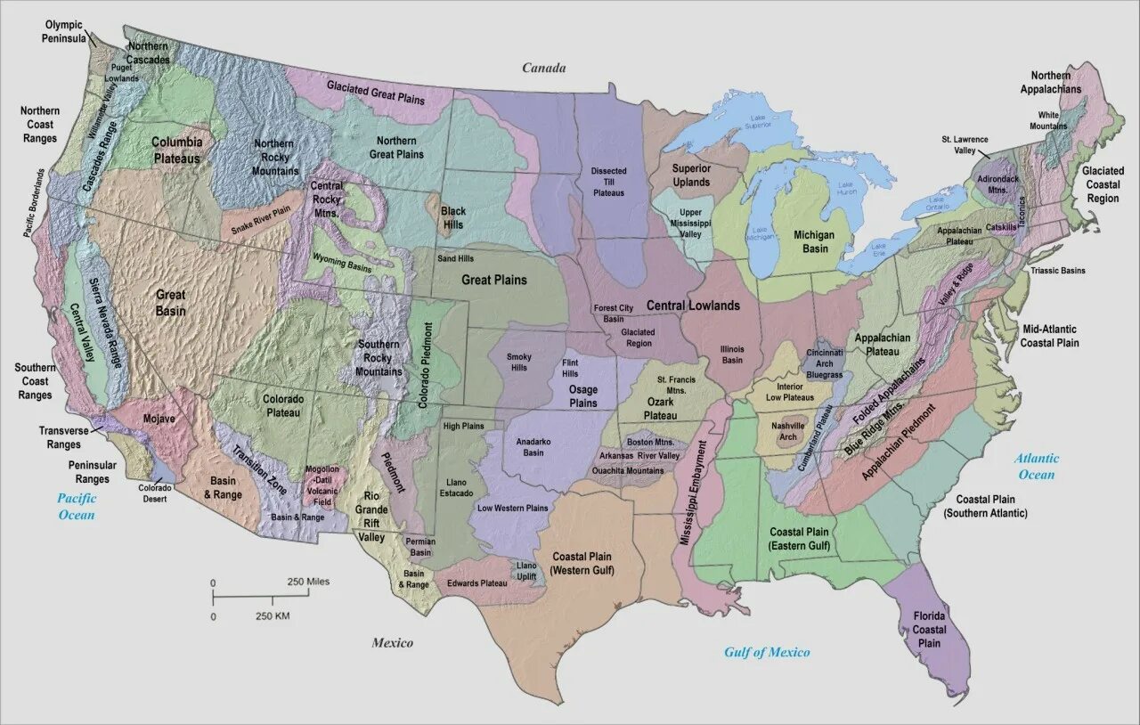 Separate area. Atlantic–Gulf Coastal Plain. Great basin США. USA Map. The Atlantic Coastal Plain on the Map.