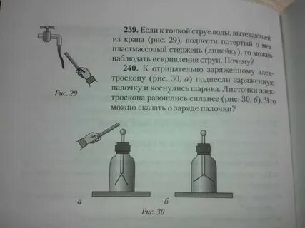 Отрицательно заряженную эбонитовую палочку подносят к струе