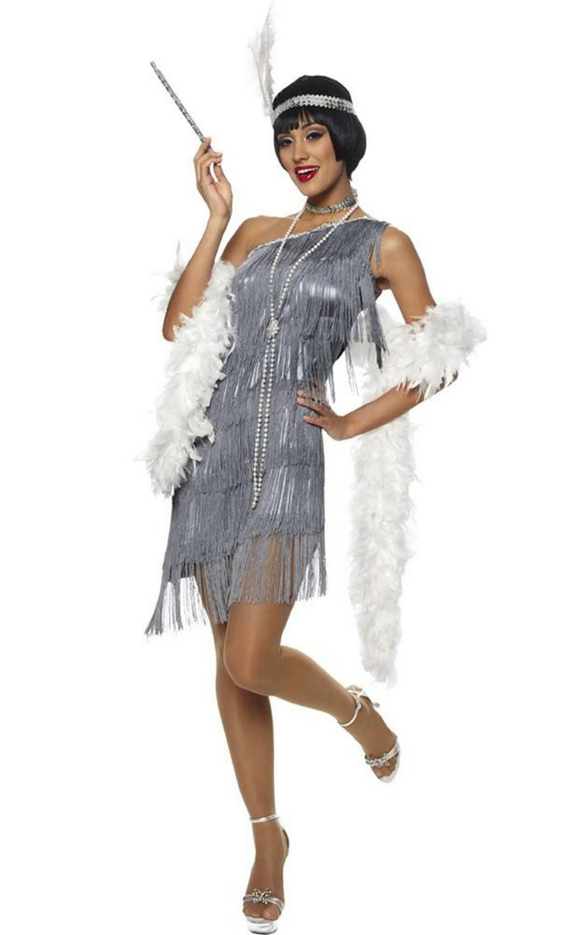 Unique Vintage 1920s Deco Silver & Black Veronique Fringe Flapper Dres Vintage f