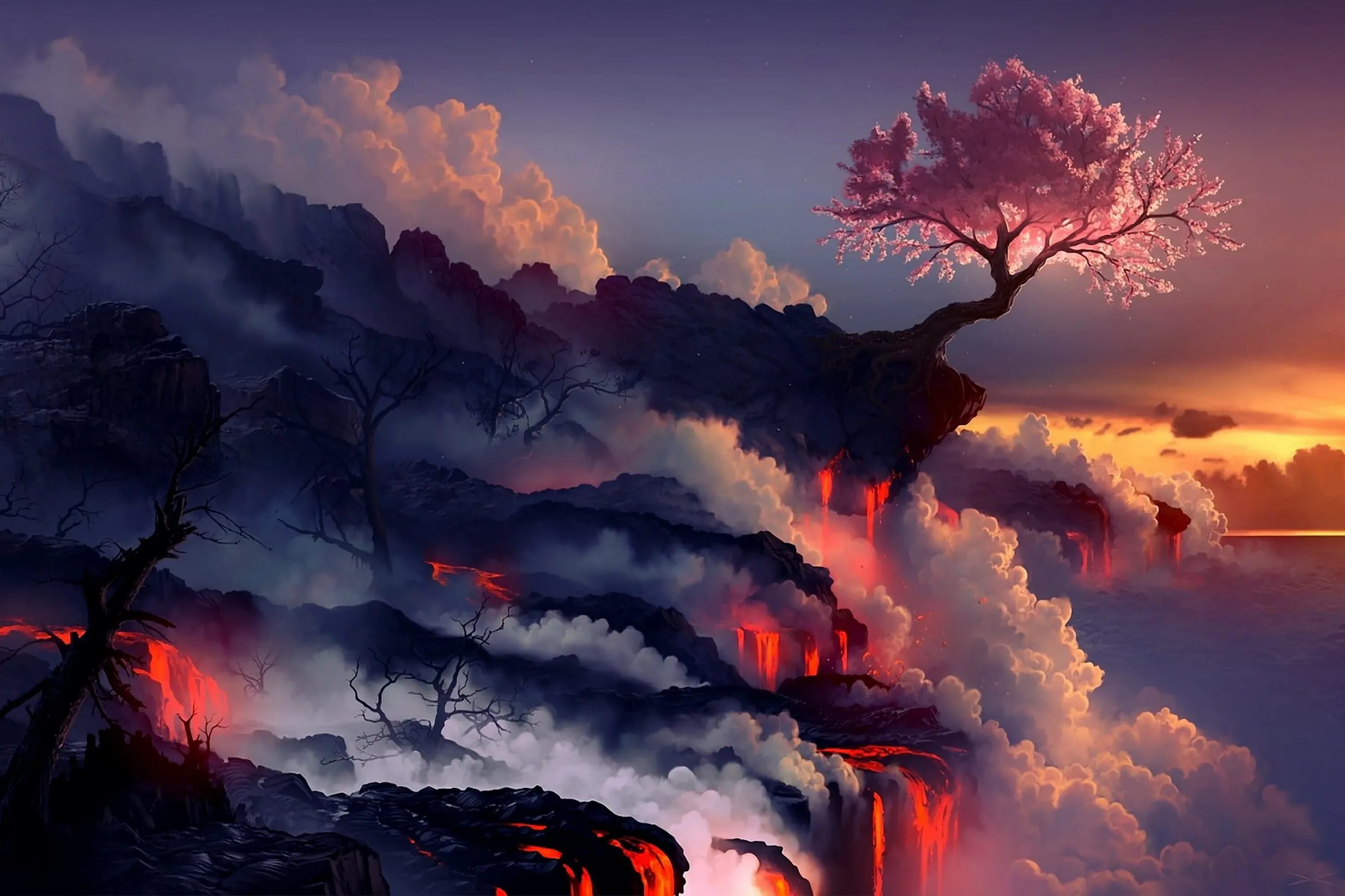 Извержение лава вулкан Сакура дерево. Эпический пейзаж. Фэнтези пейзажи. Jb new epic 2020