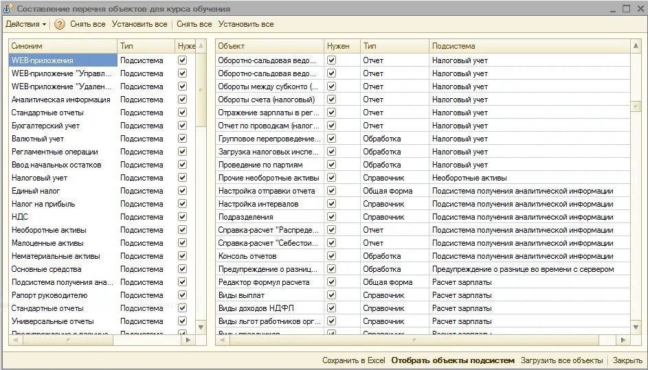 Конфигуратор в excel. Объект список 1с. Список всех подсистем. Выгрузка на объекте. Аис списки