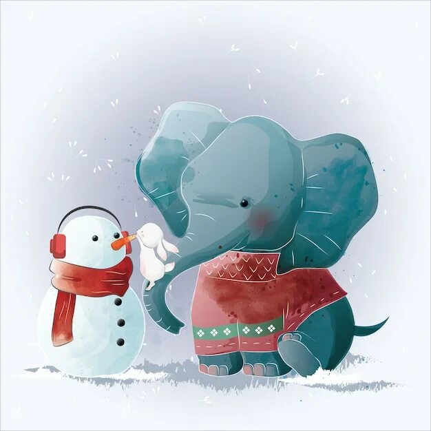 Зимний слоник. Слон и Снеговик. Снеговик кролик. Кролики и Снеговик арт. Слон и заяц лепят снеговика.