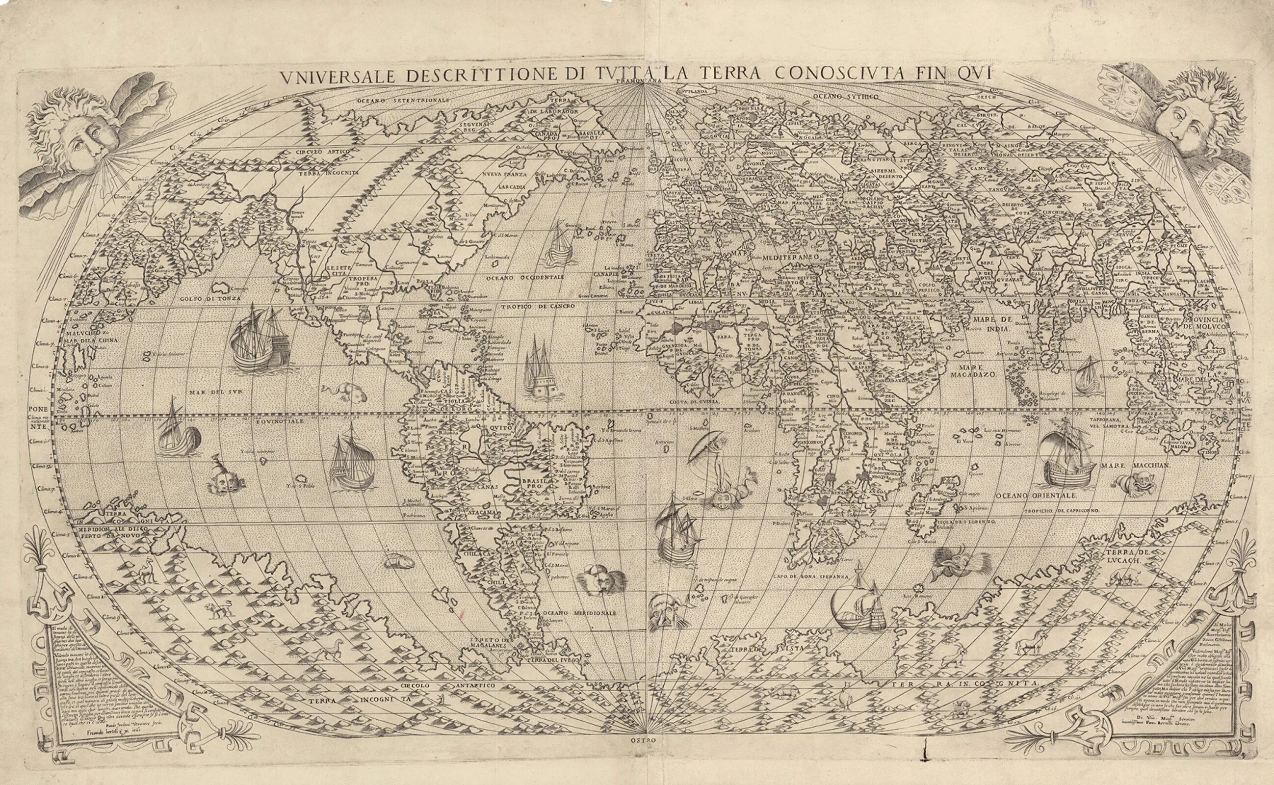 Антикварные карты. Карта f. Bertelli, 1565 vniversale descrittione di tutta la Terra Conoscivta fin QVI.. Старинные карты высокого разрешения.