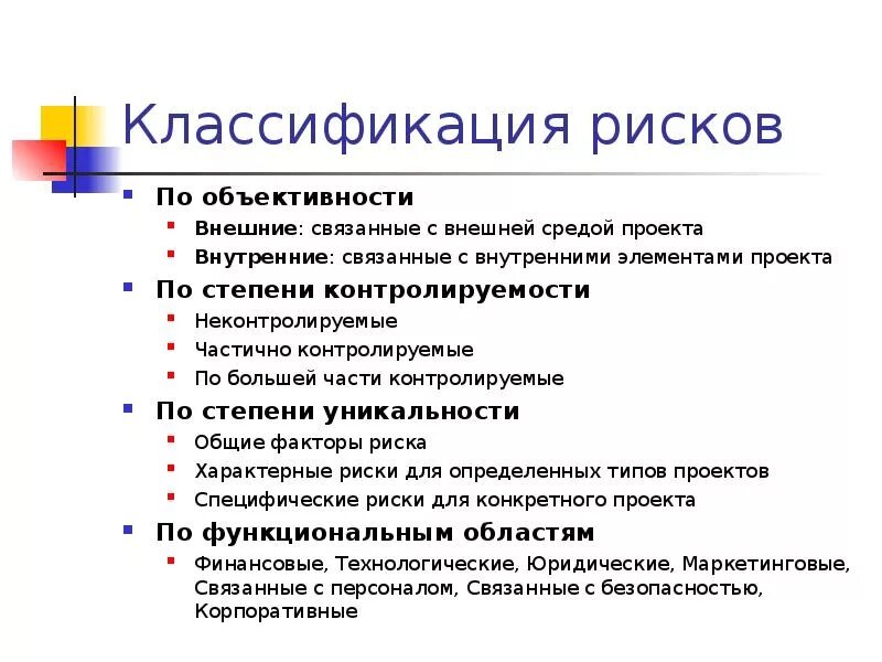 Группа риска классификация. Риски контролируемые и неконтролируемые. Классификация риска по функциональным областям. Степень объективности. Риски проекта отчасти контролируемые..