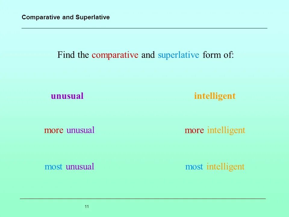 Intelligent comparative and superlative. Сравнительная степень unusual. Unusual сравнительная и превосходная степень. Сравнительная степень Superlative. Степени сравнения Comparative and Superlative adjectives.