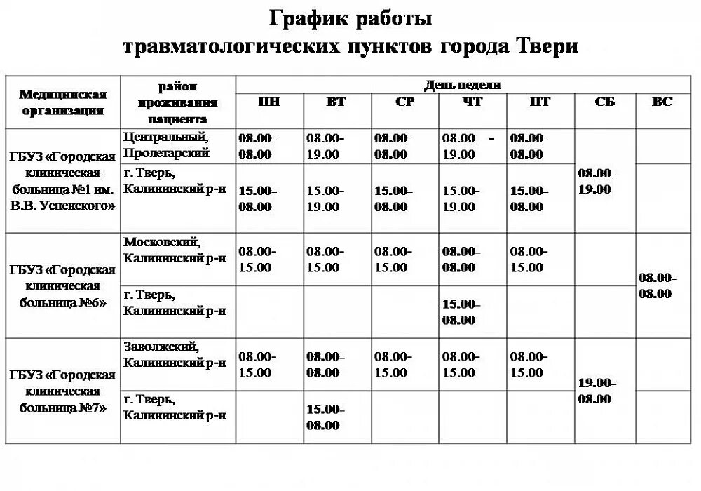 График работы врачей 7 поликлиники. Графики работ в травматологии врачей. Травмпункт Тверь. График работы. Травматология режим работы.