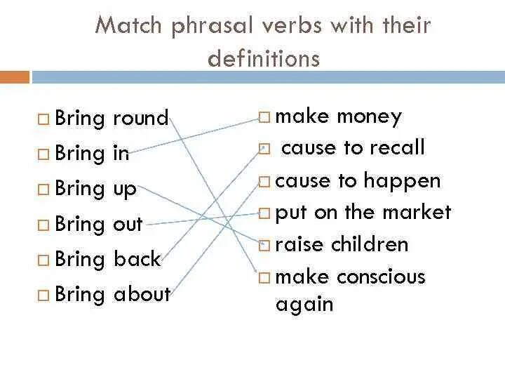 Фразовый глагол to bring. Bring in Фразовый глагол. Фразовые глаголы с in into. Bring about Фразовый глагол. Match phrasal verbs to their meanings