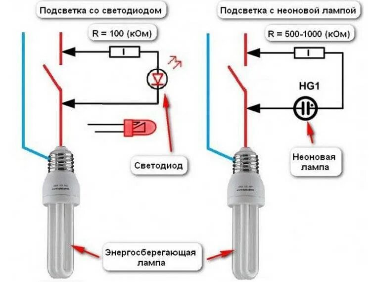 Почему моргает свет при включении. Схема включения неоновой лампочки в выключателе. Схема подключения диода в выключателе света. Выключатель с индикацией включения схема подключения. Схема подключения выключателя со светодиодом 220в.