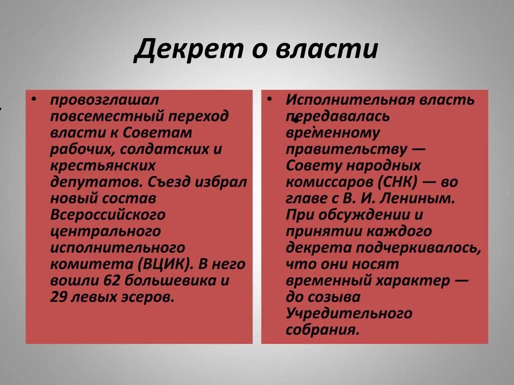 Раскройте значение первых декретов власти. Декрет о власти. Декрет о власти кратко. Основные положения декрета о власти 1917. Декрет о власти 1917 суть.