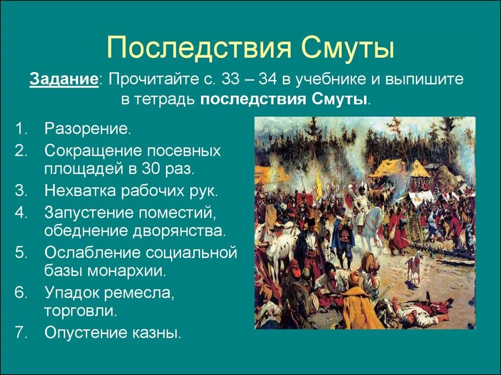 Последствия смуты в россии 7 класс. Последствия смуты 17 века в России кратко. Причины разорения смута. Экономические последствия смуты в 17 веке. Последствия смутного времени 7 класс история России.