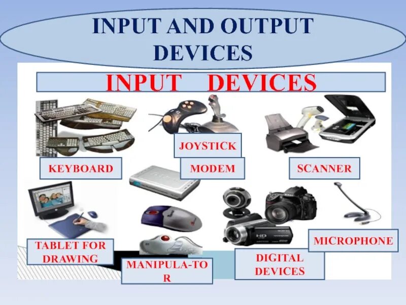 Input and output devices. Input devices. Необычные устройства ввода информации. Устройство вывода слайд синий.