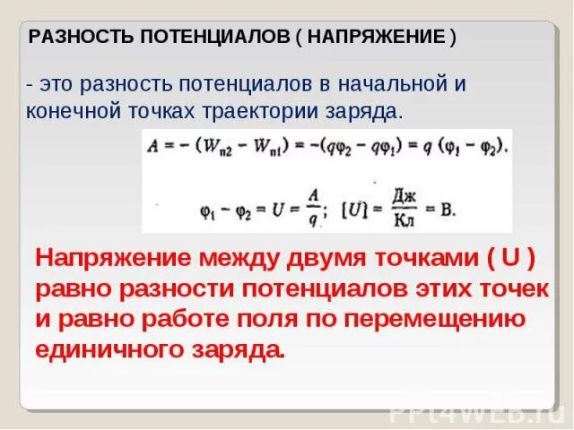 Определение разности потенциалов двух точек поля. Разность потенциалов напряжение формула. Потенциал разность потенциалов. Напряжение разность потенциалов. Разность потенциалов формула.