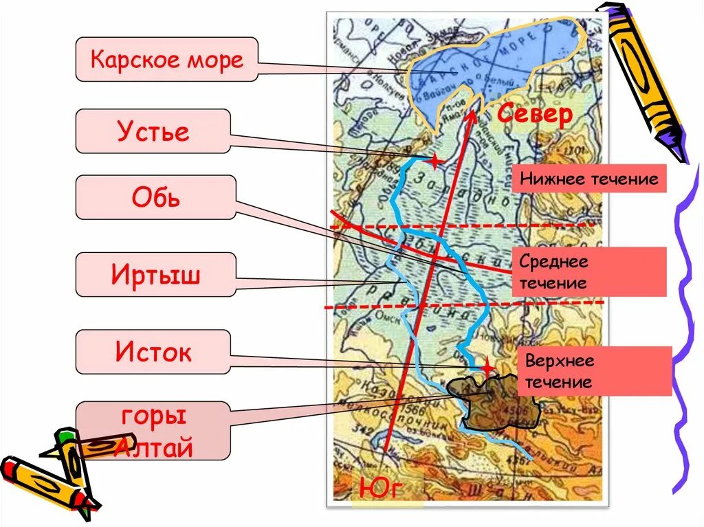 Карта с направлением течения рек. Обь Исток Устье направление течения. Направление течения реки Обь на карте. Течение Оби. Направление течения Оби на карте.