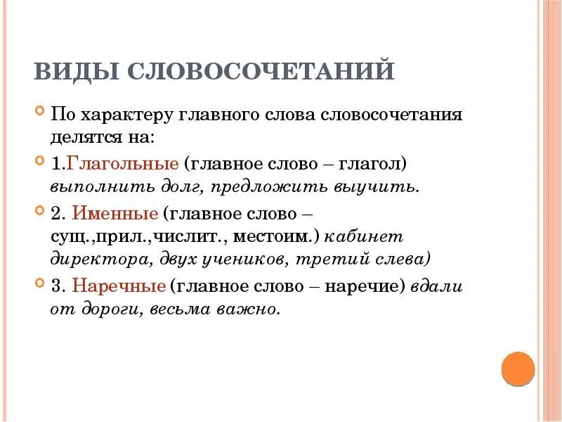 Главное слово пример. Виды словосочетаний. Виды словосочетаний по характеру главного слова. Словосочетания делятся на. Три вида словосочетаний.