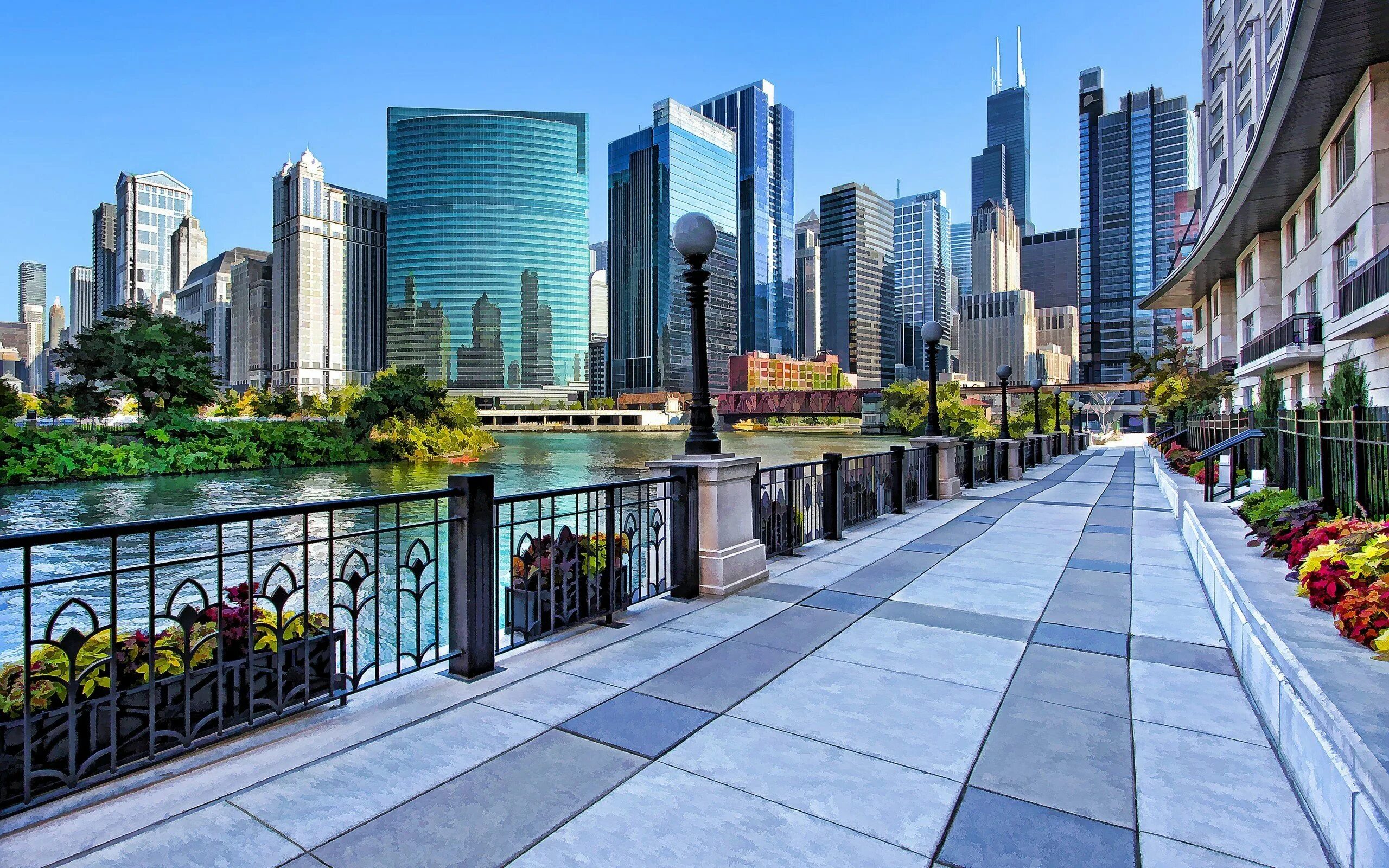 Современные виды фотографии. Набережная Нью-Йорка. Набережная: Chicago Riverwalk. Mary Bartelme Park, Чикаго, Иллинойс, США. Набережная Ист Ривер в Нью Йорке.