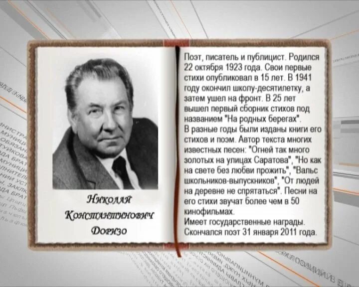 Какой писатель живет. Родился Николай Константинович Доризо (1923-2011) — поэт.. Николай Константинович Доризо русский поэт. Николай Доризо (1923) Советский и российский поэт, писатель и публицист. Николай Доризо родился 22 октября.