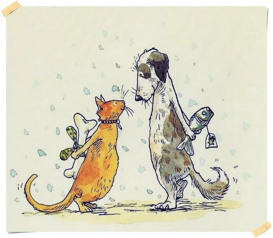 Добрые иллюстрации. Карикатуры кошек и собак. Дарите друг другу приятности. Смешные рисунки животных. Дарим друг другу песни