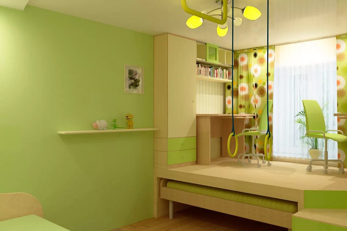 Подиум в детской. Салатовая детская комната. Детские комнаты с подиумом. Интерьерные решения для детской комнаты. Детская в зеленых тонах.