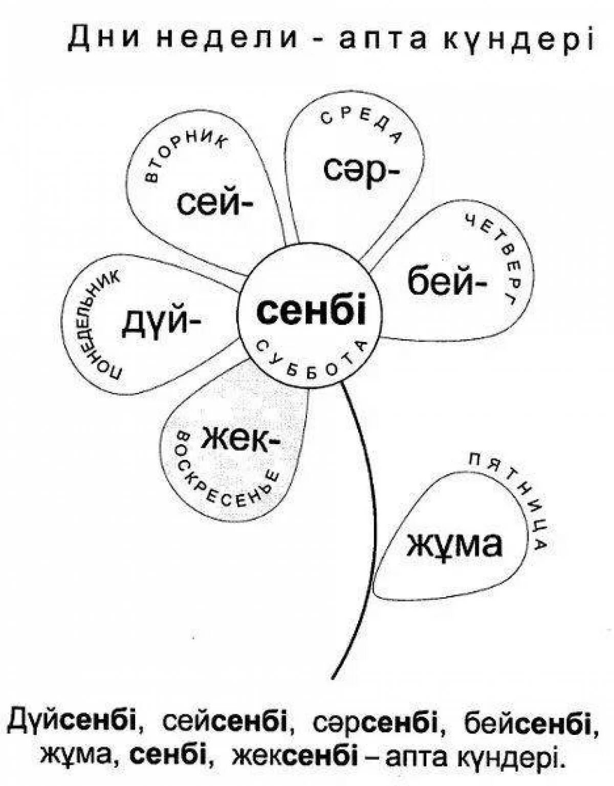 Задания по казахскому языку для детей. Задания по казахскому языку для дошкольников. Раскраска по казахскому языку. Дни недели раскраска