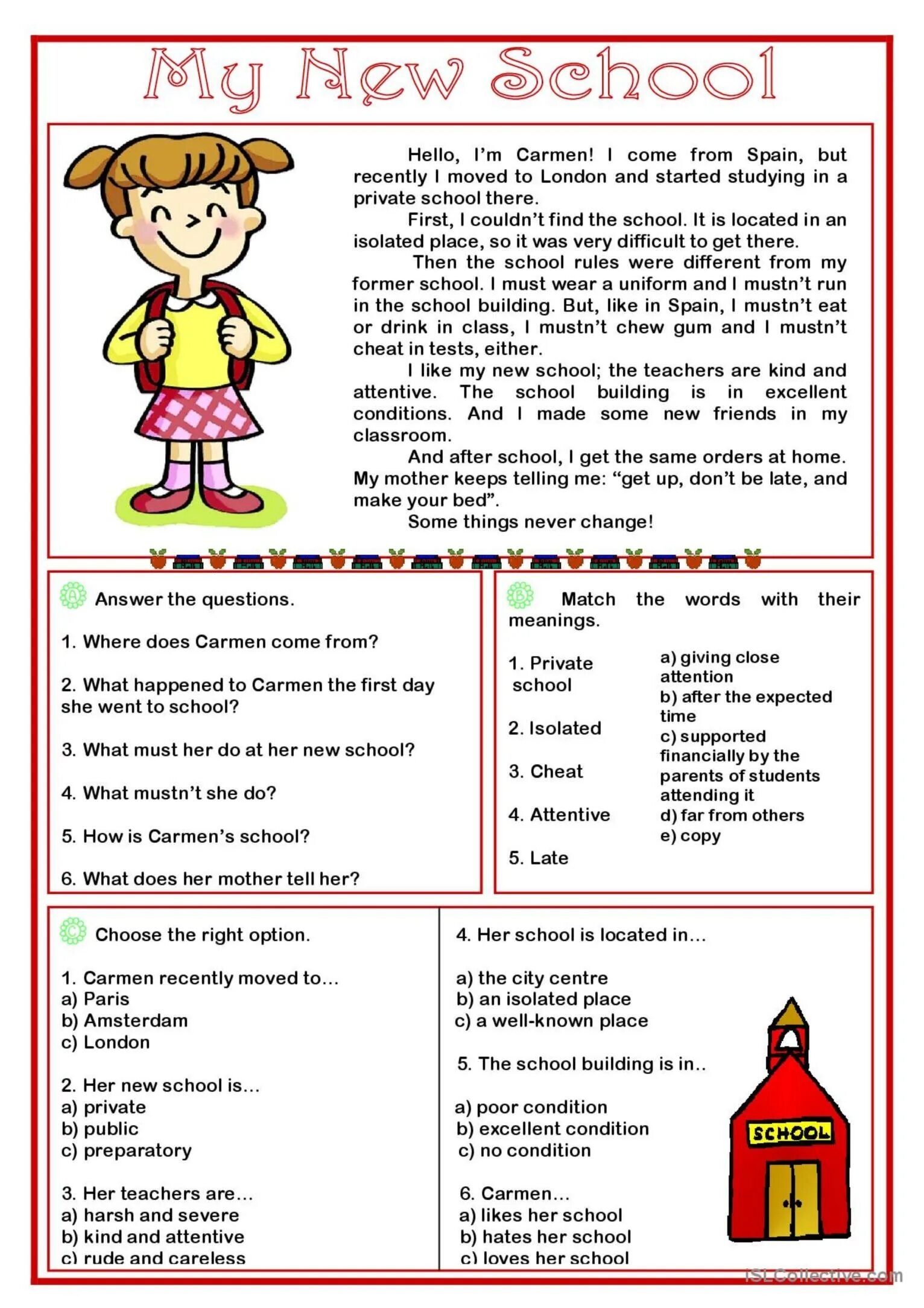 She be new to the school. Тексты Worksheets. Worksheets чтение. Чтение Elementary Worksheet. Чтение английский 6 класс Worksheets.