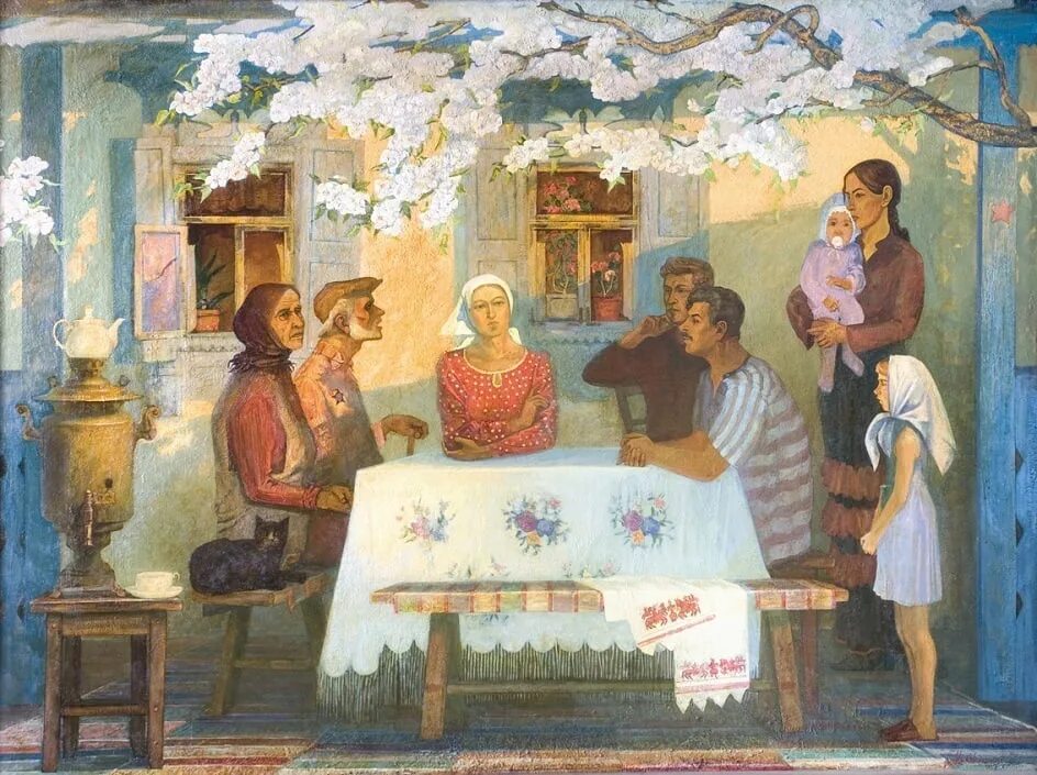 «Семья на Баррикадах» (1848).Крестьянская семья живопись застолье.