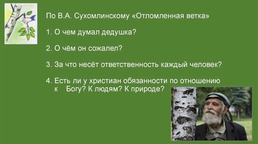 Сухомлинский стать человеком. Отломленная ветка ОРКСЭ О чем думал дедушка. Сухомлинский притча о природе.