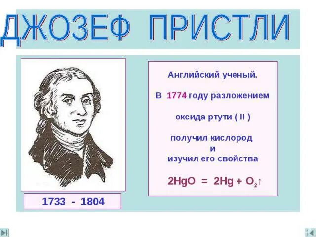 Получить кислород разложением оксида ртути. Разложение оксида ртути Пристли. Ученые открывшие кислород. Учёный впервые получивший кислород.