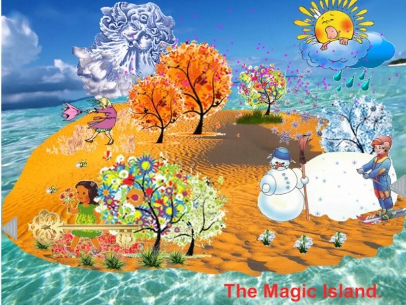 A magic island 2. Времена года картинки. Страна времен года. Волшебные времена года для детей. Открытки по временам года.