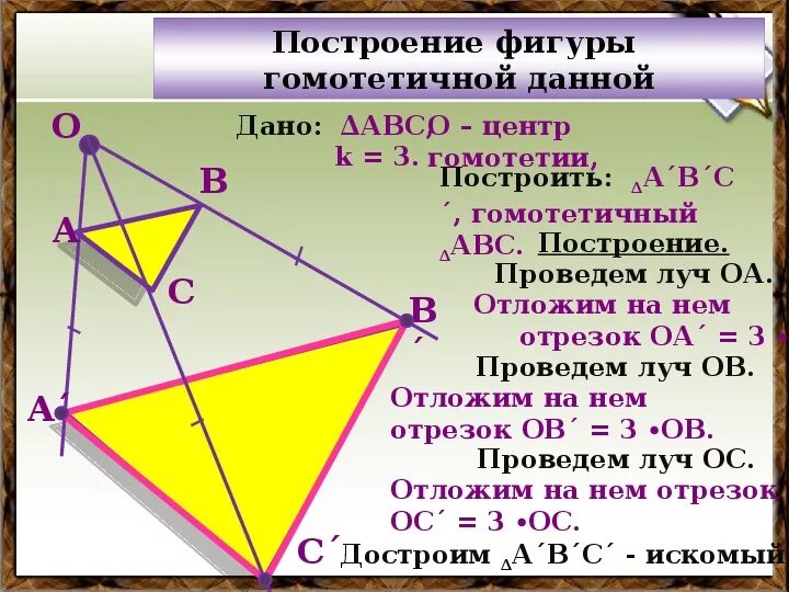 Гомотетия с центром в точке. Построение фигуры гомотетичной данной. Гомотетия k=2. Построение гомотетичных фигур с разными коэффициентами. Гомотетия с коэффициентом 3.