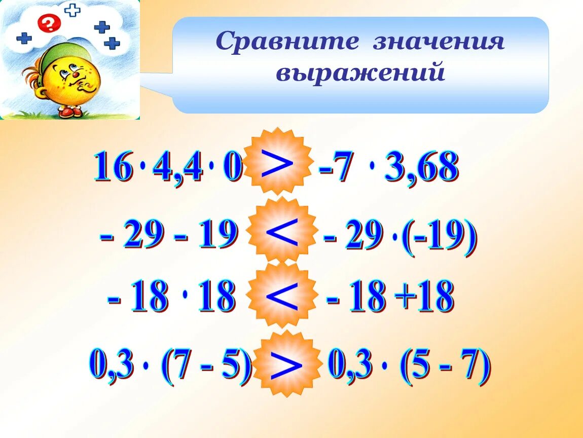 Сравниваются значения. Умножение и деление рациональных чисел. Сравнение значений выражений. Деление рациональных чисел. Умножение рациональных чисел.