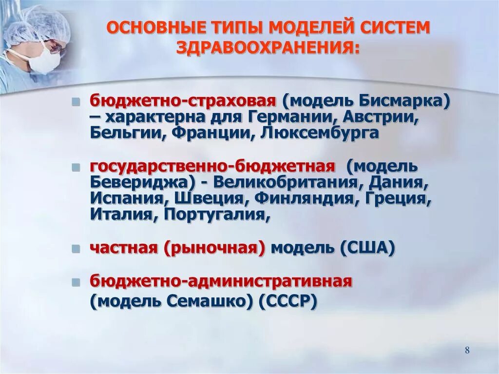 Финансовой системой здравоохранения. Типы систем здравоохранения. Модели здравоохранения. Системы здравоохранения в мире. Основные модели здравоохранения.