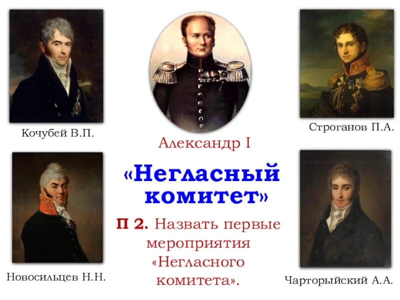 В п кочубей при александре. Строганов новосильцев кочубей. чарторыйский негласный комитет. новосильцев негласный комитет.