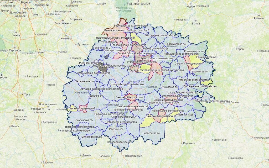 Рязанская область карта охотника. Карта схема охотугодий Рязанской области. Граница Рязанской области карта охотугодий. Охотничьи угодья Рязанской области. Еголдаево рязанская область на карте