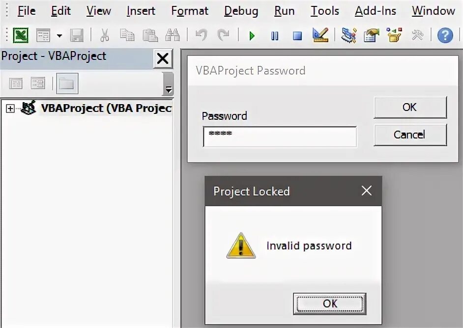 Пароль на проект vba. Project–VBAPROJECT как открыть 2016. Invalid password.
