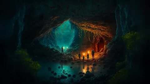 Download Wallpaper ai art, illustration, cave, explorers. 