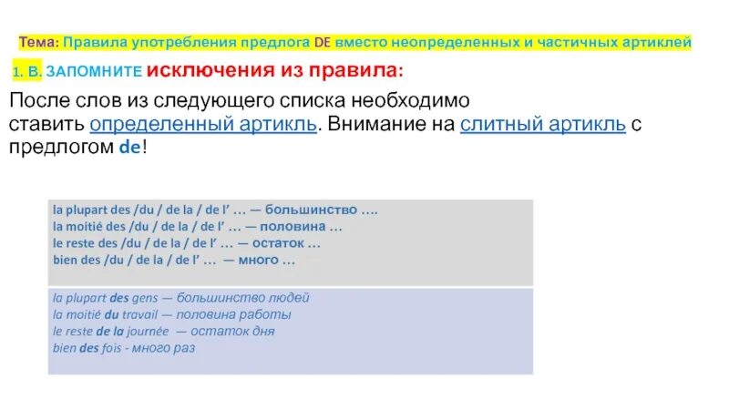 Тест употребление предлогов в речи. Правило употребления предлога de. Употребление предлога de вместо des. Частичным артиклем или предлогом de.. Существительные употребляются без предлога после слов:.