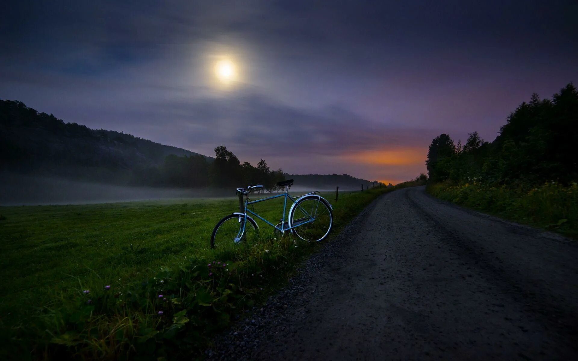 Летняя дорога. Дорога ночью. Пейзаж с велосипедом. Велосипед ночью. Bike night