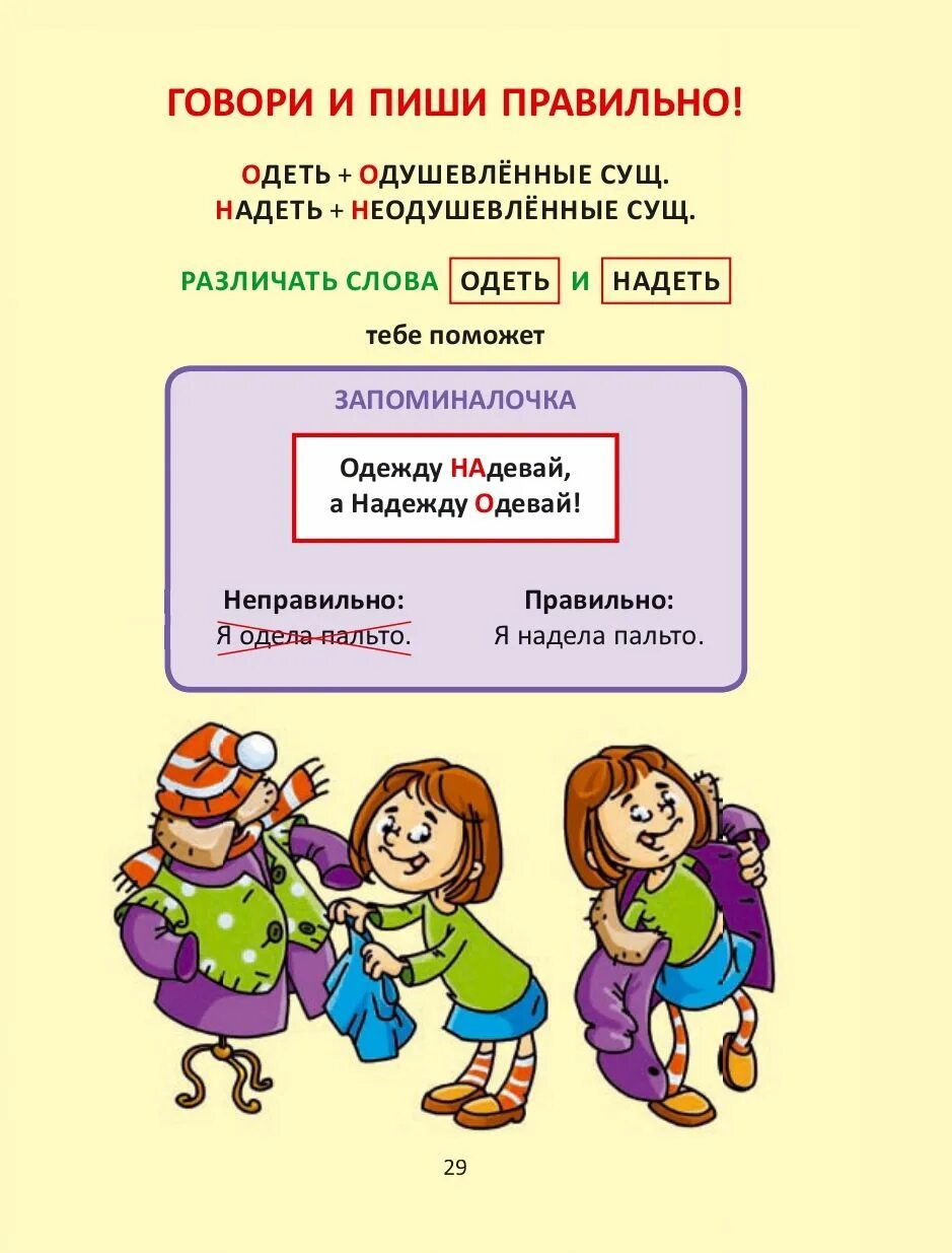 В каком случае говорят одеть. Одеть или надеть как правильно. Как правильно говорить одеть или. Как правильно говорить надеть и одеть. ЗАПОМИНАЛОЧКА по русскому языку для начальной школы.