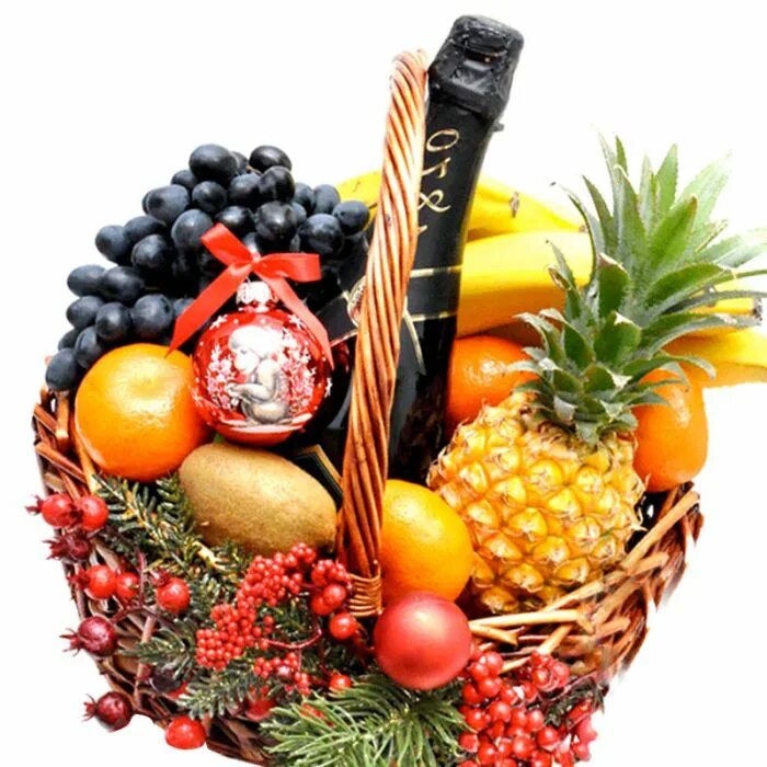 Фруктовая корзина на новый год в подарок. Корзина с фруктами и конфетами. Новогодняя корзина с фруктами. Новогодние корзины подарочные. Новогодняя корзина с фруктами.